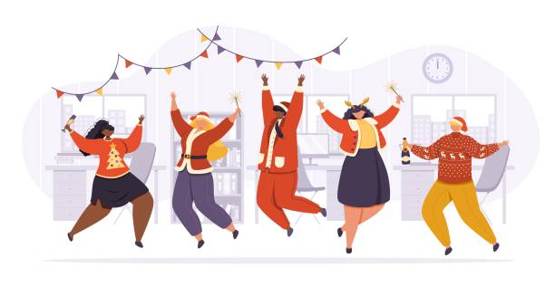 사무실에서 새해 또는 크리스마스 파티. - jumping business women dancing stock illustrations