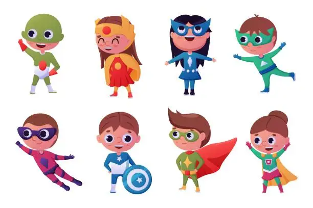 Vector illustration of Kid superhero, girl child fly. Little brave super hero in carnival costume, strong boy. Heroic comic party. Justice fighters. Characters in active poses. Vector design recent illustration