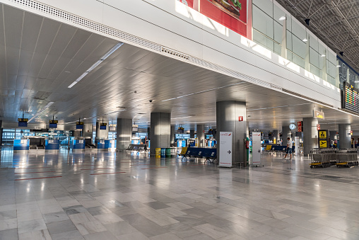 Fuerteventura, Spain – November 27, 2020: Puerto del Rosario, Fuerteventura, Canary Islands, Spain : October 9, 2020 : Interior of the Fuerteventura International Airport empty due the covid