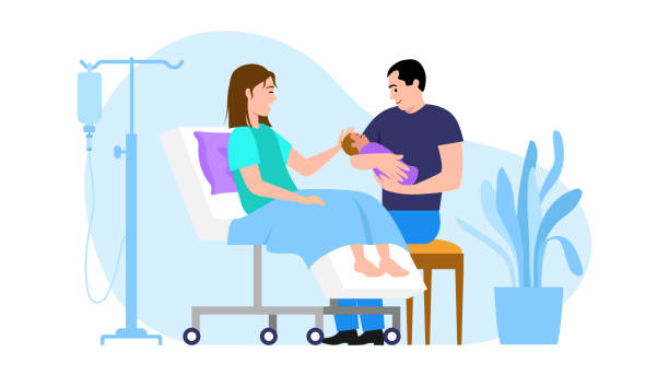 Vector illustration of women after childbirth. Cartoon scene with a joyful mother who gave birth to child and father who holds him white background. Vector illustration of women after childbirth. Cartoon scene with a joyful mother who gave birth to child and father who holds him on white background. cute pregnant woman with gift stock illustrations