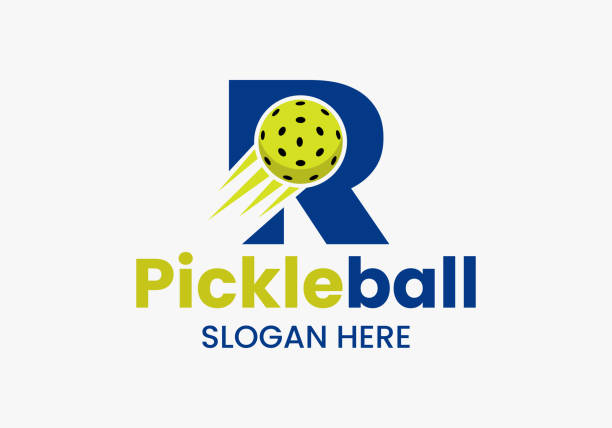 litera r koncepcja logo pickleball z ruchomym symbolem pickkleball. szablon wektorowy logotypu pickle ball - pickleball stock illustrations