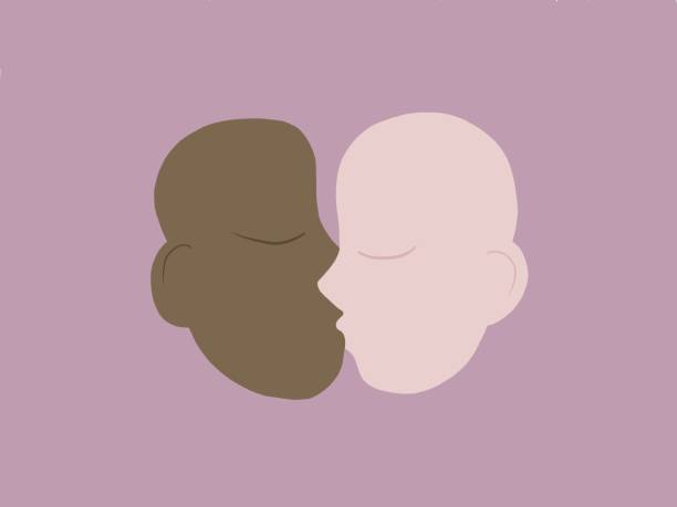 アフリカとヨーロッパの民族の2人のハゲがピンクの背景に目を閉じてキスをしている。癌との闘い、サポート、愛のコンセプト - tantric buddhism点のイラスト素材／クリップアート素材／マンガ素材／アイコン素材