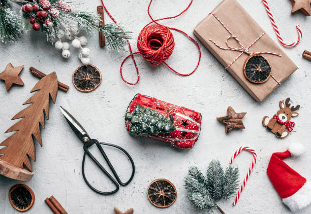 istock Closeup top view of Christmas decorations on a white background 1440559747