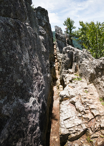 Narrow cleft between sandstone rocks at summit at Seneca Rocks, West Virginia, USA