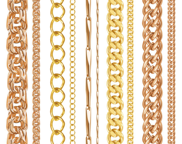 Set of realistic vector golden shiny chains. Vector illustration of gold metal necklace isolated on white background Set of realistic vector golden shiny chains. Vector illustration of gold metal necklace isolated on white background chain store stock illustrations