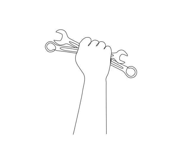 Vector illustration of Continuous one line drawing of and holding spanners tool. Man's hand holds a spanners simple line art vector design.