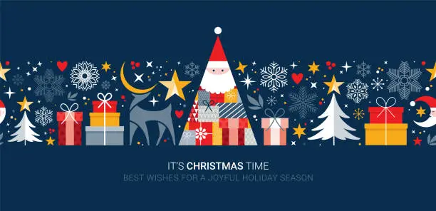Vector illustration of Santa claus Seamless Texture. Funny full vector illustration on blue background. Ideal for Greeting Cards, Web Banners, wrapping paper and more
