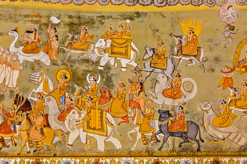 Jodhpur, India - November 26, 2012: Medieval Hindu mural at Jaypol Gate in Mehrangarh Fort. Jodhpur, Rajasthan, India