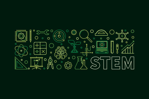 ilustrações de stock, clip art, desenhos animados e ícones de stem vector horizontal modern green banner or illustration - atom science symbol molecule