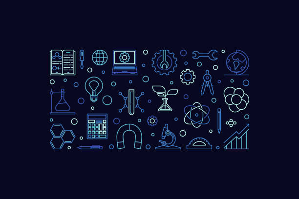 ilustrações de stock, clip art, desenhos animados e ícones de stem concept horizontal banner vector blue line illustration - stem assunto