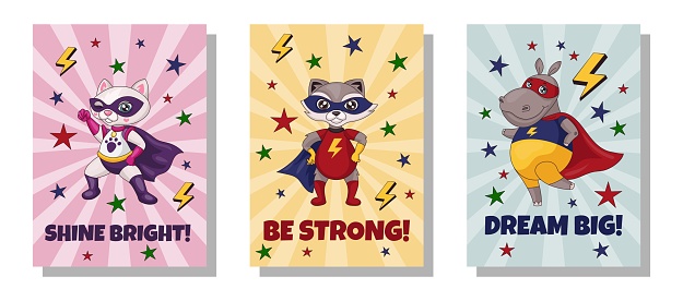 Cute brave animals. Superhero posters. Strong nature cards in pink comic style. Fun wildlife. Hero mammals in bright costumes. Heroic poses. Happy raccoon and hippo. Vector design tidy banners set