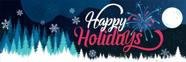 Vector illustration of happy holidays banner with winter landscape background. happy new year christmas greeting card design includes snowflakes, fireworks, xmas trees and moon.