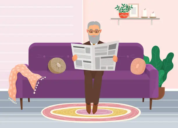 Vector illustration of Old man sits on couch at home and reads newspaper. Rest and relax of grandfather with news