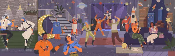 Vector illustration of Space party. People are dancing in costumes on space theme. Cute astronauts and rocket in space for birthday party