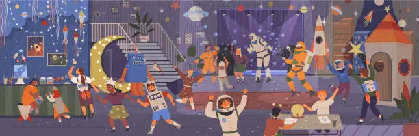Vector illustration of Space party. Children dancing in costumes on space theme. Cute astronauts and rocket in space for birthday party