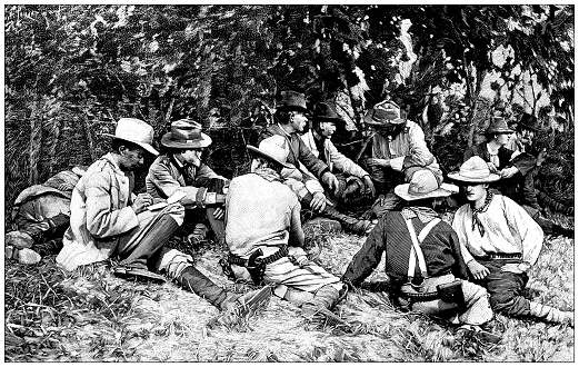Antique image: General Wheeler, Colonel Wood, General Lawton, Colonel Roosevelt in Santiago De Cuba, Spanish American War