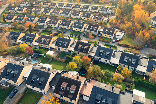 Aerial view of a residential area with row houses in autumn in Stockholm, Sweden.