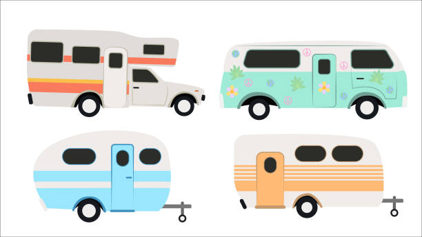 ilustrações, clipart, desenhos animados e ícones de conjunto de motorhomes coloridos estilo dos desenhos animados. ilustração vetorial de carros e reboques para a viagem e hipsters no fundo branco. - caravana atrelado