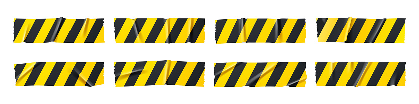 Adhesive tape pieces with black and yellow stripes. Vector realistic set of 3d ripped sticky warning ribbon for police barrier, construction band, caution label isolated on white background