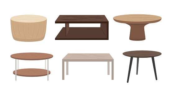 Set of wooden tables in cartoon style. Vector illustration of round and square coffee tables for home interiors on white background.