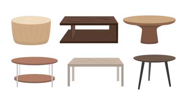 Set of wooden tables in cartoon style. Vector illustration of round and square coffee tables home interiors on white background. Set of wooden tables in cartoon style. Vector illustration of round and square coffee tables for home interiors on white background. restaurant table side view stock illustrations