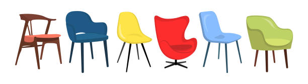 set von bunten stühlen im cartoon-stil. vektorillustration von möbeln für wohn- und büroräume mit weißem hintergrund. - stuhl stock-grafiken, -clipart, -cartoons und -symbole