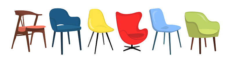 Set of colorful chairs in cartoon style. Vector illustration of furniture for home and office interiors on white background.