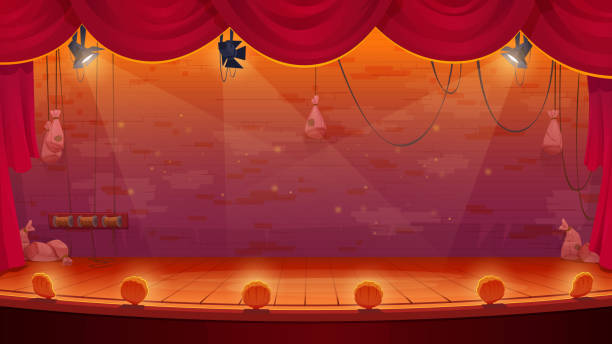 ilustrações de stock, clip art, desenhos animados e ícones de retro theater stage with curtains and spotlights - ropes backstage theater