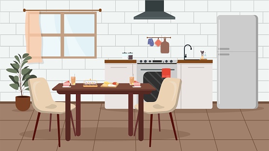Vector illustration of beautiful cuisine. Cartoon interior with sink, dishes, towels, kitchen utensils hanging nearby, stove, window, table and chairs and food.