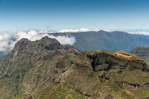 Beautiful view of the mountain landscape during a sunny day hike in the Madeira mountains.