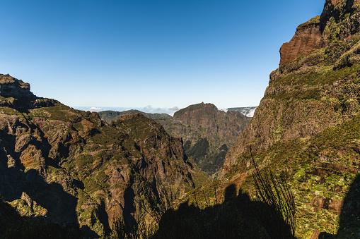 Beautiful view of the mountain landscape during a hike in the Madeira mountains.
