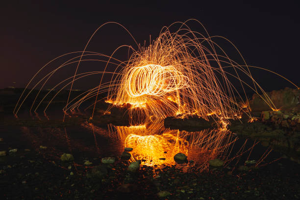 istock Iron wool circle drawing fireworks. Burning steel wool spining. 1440573496