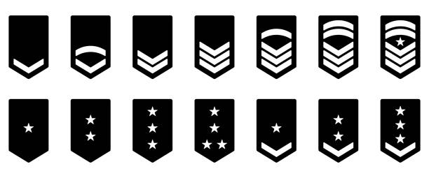 illustrazioni stock, clip art, cartoni animati e icone di tendenza di icona del grado dell'esercito. distintivo militare insegne simbolo verde. logo chevron yellow star and stripes. soldato sergente, maggiore, ufficiale, generale, tenente, colonnello emblema. illustrazione vettoriale isolata - military rank badge marines