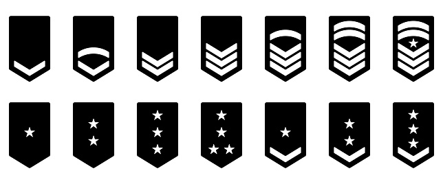 Army Rank Icon. Military Badge Insignia Green Symbol. Chevron Yellow Star and Stripes Logo. Soldier Sergeant, Major, Officer, General, Lieutenant, Colonel Emblem. Isolated Vector Illustration.