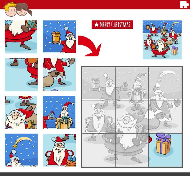 ilustrações, clipart, desenhos animados e ícones de jogo de quebra-cabeça com papai noel na época de natal - design month part of puzzle