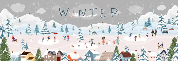 Vector illustration of Winter scene in village with people having fun doing outdoor activity on New Year Eve,Cute Vector Christmas background with people celebration in small town,kid playing ice skates, skiing on mountain