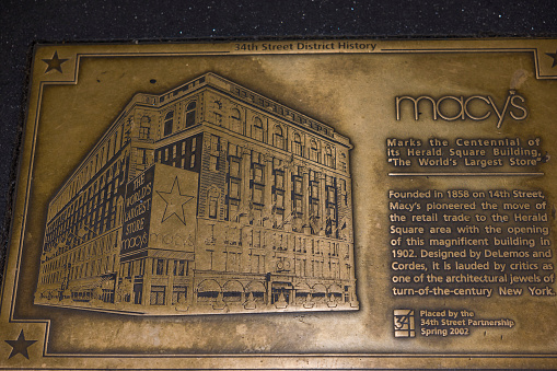 New York. USA. 09.22.2022. Close up view of Macy's 14th street district history memory desk.