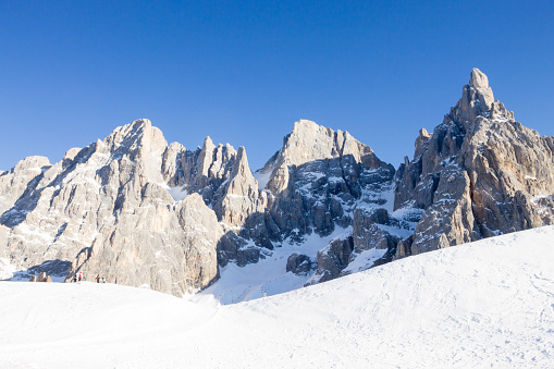 Scenic aerial view of Dolomites covered in snow in winter