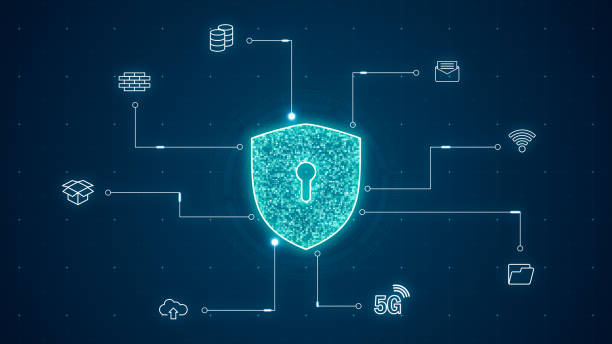 istock Blue security shield with line connection and data transfer to futuristic icon technology abstract background network security concept 1440578358