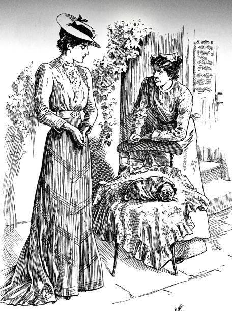 Young and elderly woman talking about a lap dog lying on a chair Illustration from 19th century. old ladies gossiping stock illustrations