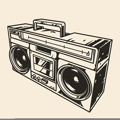 Cassette recorder sketch monochrome vintage stereo music equipment with speakers and line for selecting radio station vector illustration