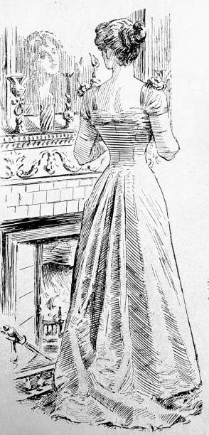 ilustrações de stock, clip art, desenhos animados e ícones de young elegant lady looking into a mirror, full length,  long dress - woman in mirror backview