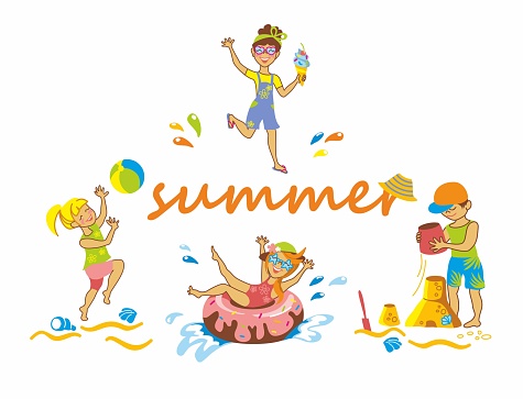 Summer vacation,  kids beach party, summer camping sea,  family holiday.