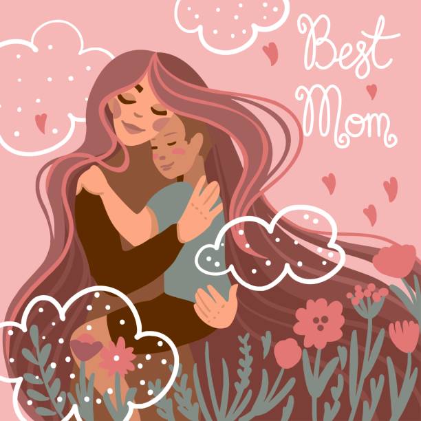 Smiling mother holding her baby in her arms. Postcard. Mothers Day. Motherhood. Children. Love. Smiling mother holding her baby in her arms. Postcard. Mothers Day. Motherhood. Children. Love. Vector illustration. i love you mom stock illustrations