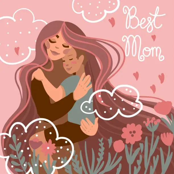 Vector illustration of Smiling mother holding her baby in her arms. Postcard. Mothers Day. Motherhood. Children. Love.