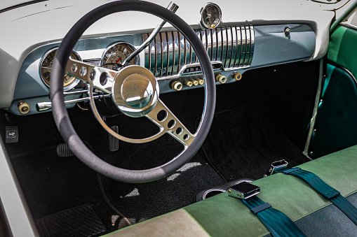 Des Moines, IA - July 02, 2022: High perspective detail interior view of a 1952 Chevrolet Styleline Deluxe 2 Door Sedan at a local car show.