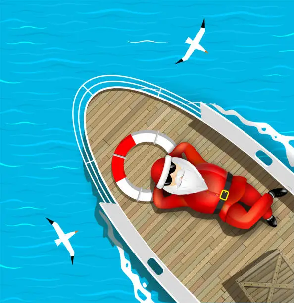 Vector illustration of Santa Claus is swimming on yacht lying on the deck