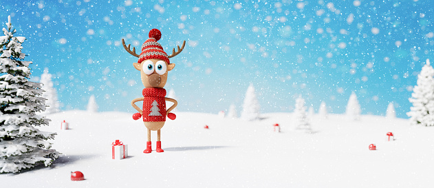 Winter Holidays background with cute reindeer 3d render 3d illustration