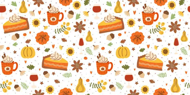 Vector illustration of Autumn pumpkin pie slice and pumpkin spice latte seamless pattern decorated fall leaves, flowers, acorns, botanical berry. Fall season food illustration in vector is great for Thanksgiving day