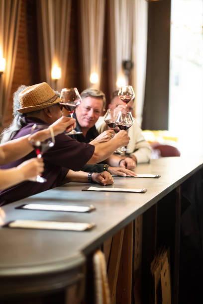 Group of People at Wine Tasting drinking a Toast A diverse group of people sitting at the bar in an elegant wine tasting lounge in Northern California, drinking and chatting. wine bar counter stock pictures, royalty-free photos & images